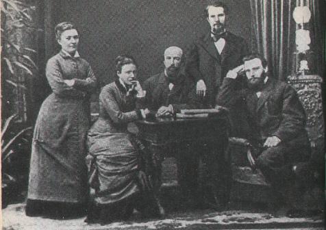 Anna Maslova (b. 1844), seated at the table in this photograph, which shows her
together with (from left to right) her elder sister Varvara, her elder brother
Fedor, the composer Sergei Taneev, and her younger brother Nikolai (1853–1920)