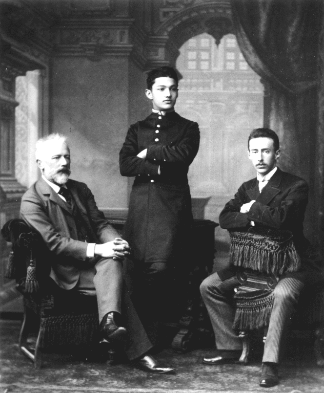 Vladimir Argutinskii-Dolgorukov (1872–1941), pictured in 1890 (standing) with Tchaikovsky (left) and Nikolai Konradi